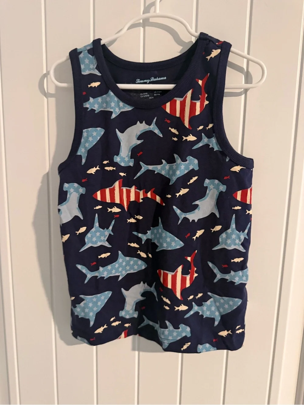 Tommy Bahama Boys’ Shark & American Flag Tank Top – Size 5/6